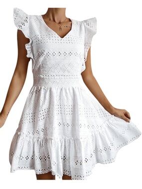 Simple White Eyelet V-Neck Ruffle Sleeve Mini Dress